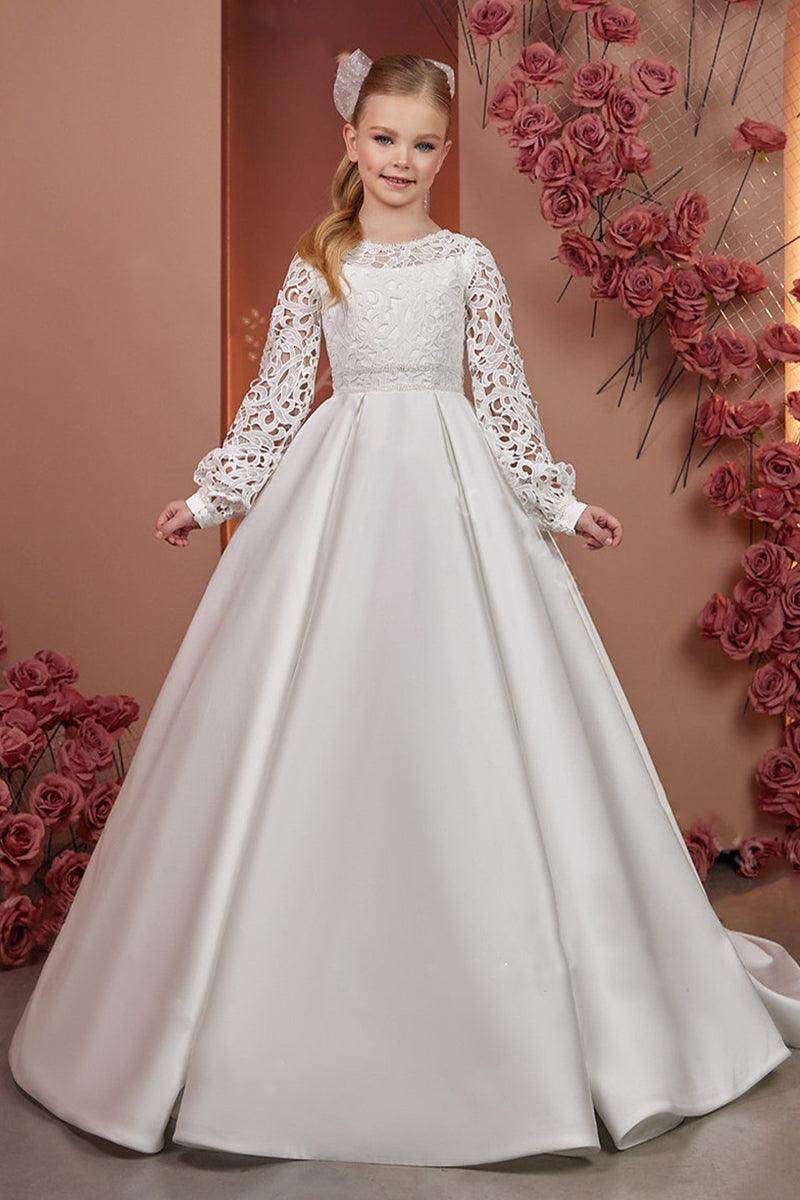 A-Line Scoop Neck Long Sleeve Satin Sweep-Brush Train Flower Girl Dresses With Lace 738781084079 - COCOMELODY